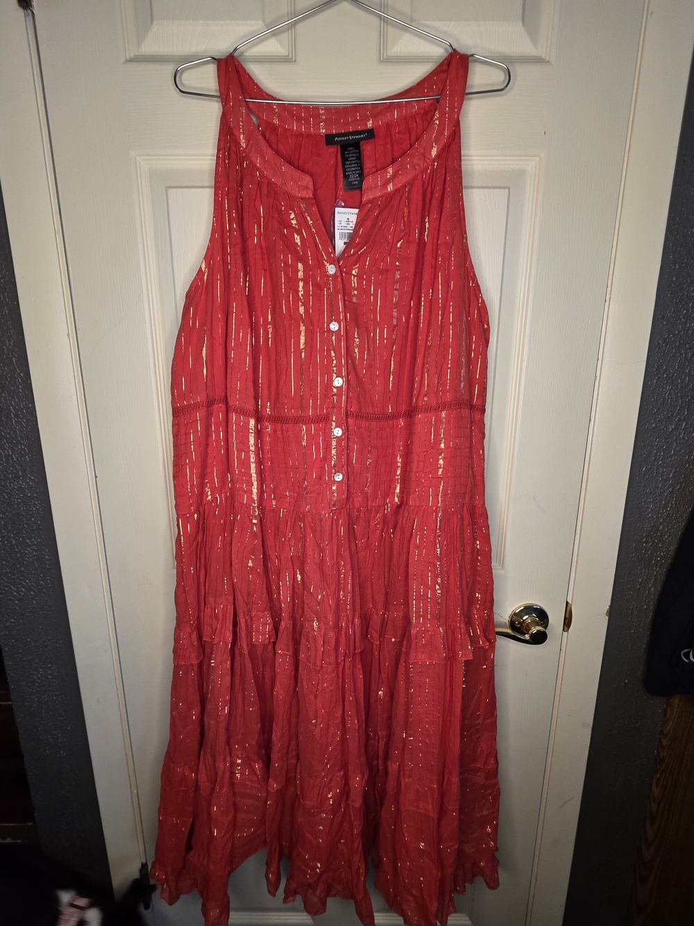 Ashley Stewart Coral Sleeveless Tiered Midi Dress with Gold Accents